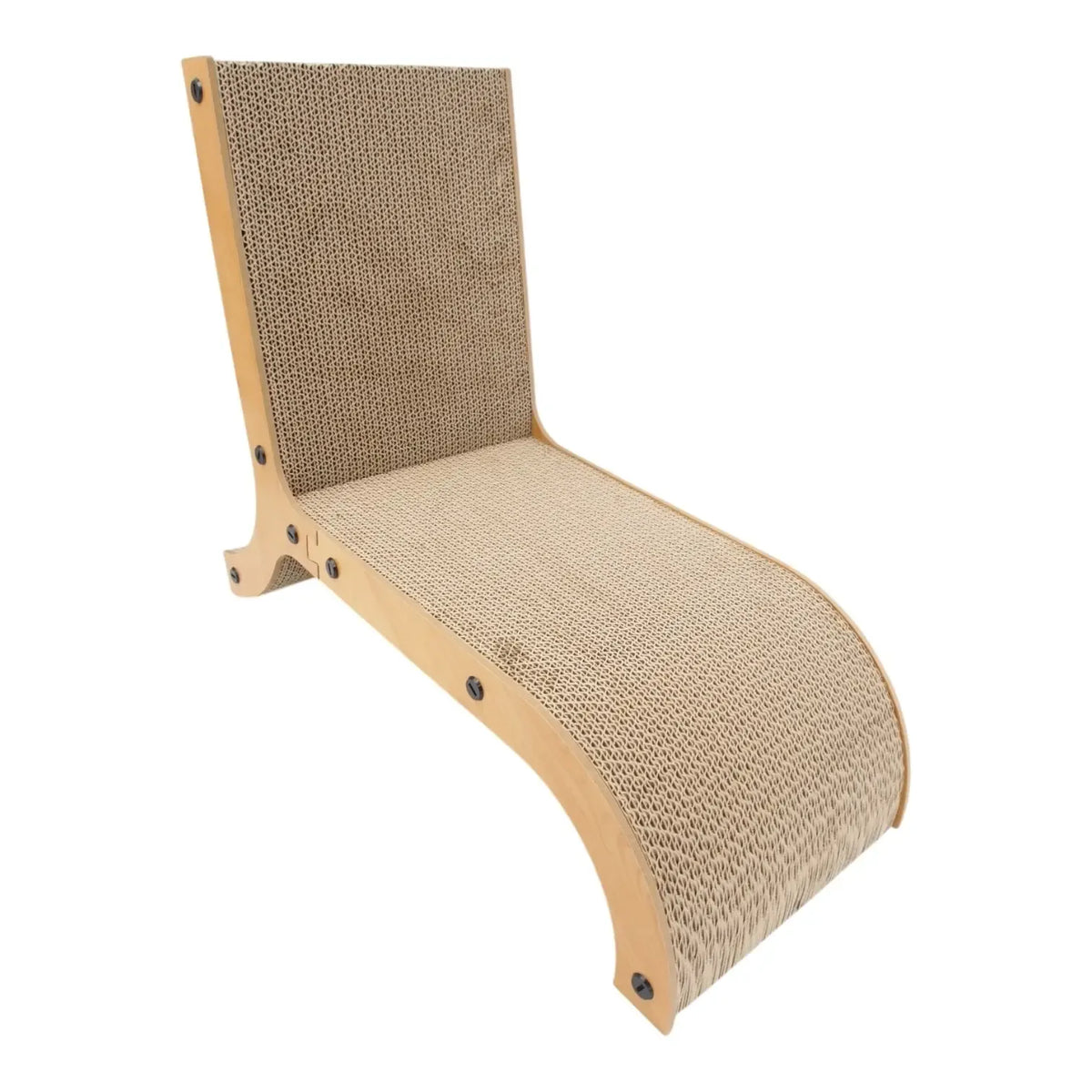 Kartoninė katės draskyklė su mediniu rėmu, erdvi ir ergonomiška, matmenys 57x25x49 cm, skirta katėms.