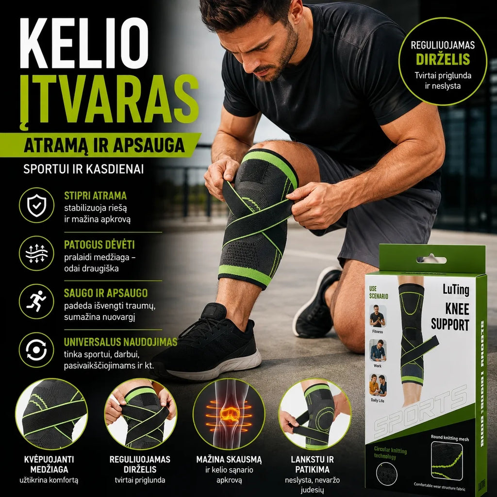Kelio įtvaras su reguliuojamu dirželiu