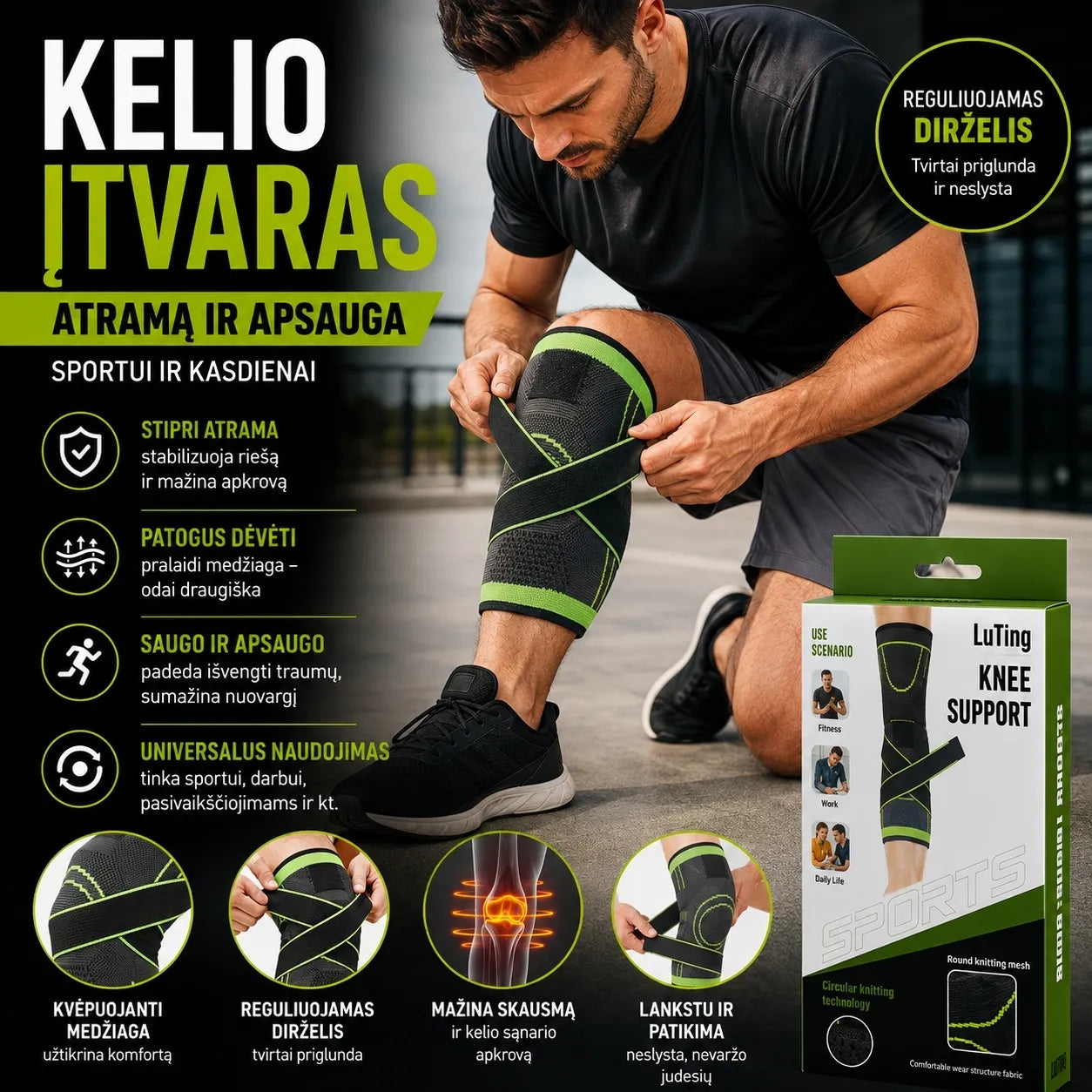 Kelio įtvaras su reguliuojamu dirželiu