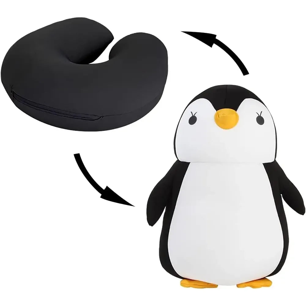 Kelioninė automobilio pagalvė Penguin, juoda ir balta, minkšta ir patogi, skirta komfortiškai sėdėjimo patirčiai automobilyje.