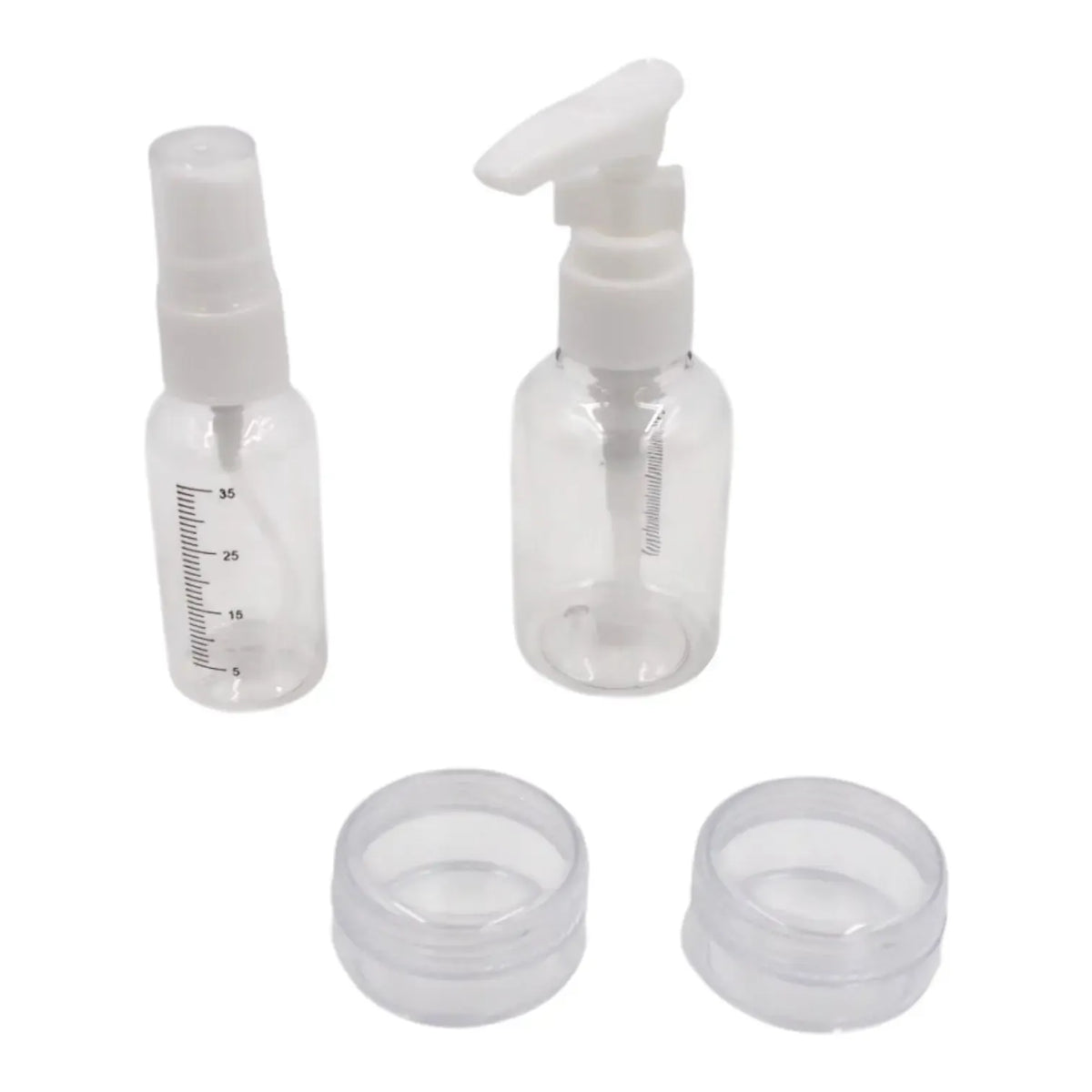 Kelioninis kosmetikos indelių rinkinys, 4 vnt., 35 ml purskiklis, 50 ml pompa, 2 x 10 g kremo buteliukai, kompaktiškas.