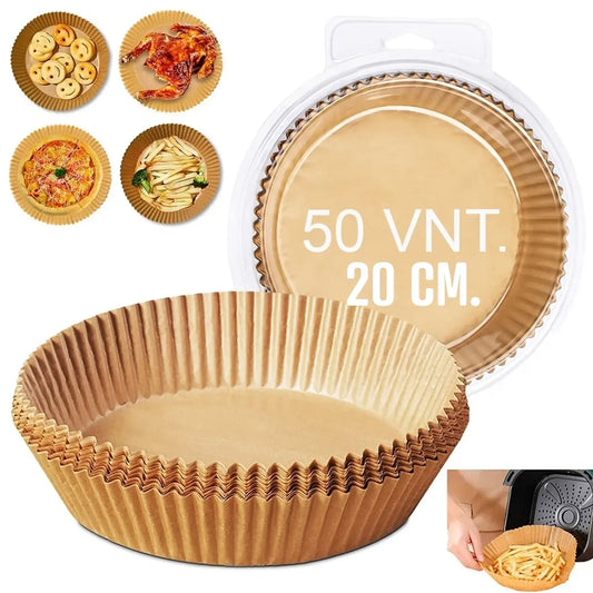 Kepimo popierinės formelės, 20 cm skersmens, 50 vienetų, naudojamos keksiukams ir tortų formavimui.