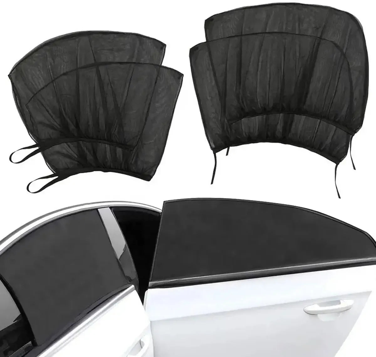 Keturi automobiliniai tinkleliai nuo uodų ir saulės, skirti automobilių langams, apsaugai ir patogumui.