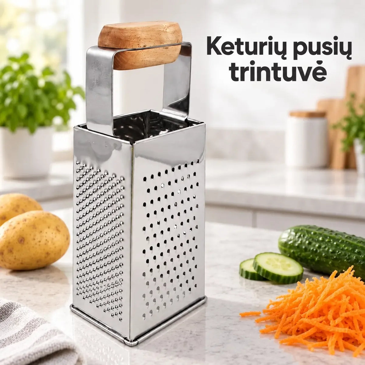 Keturių pusių nerūdijančio plieno tarka TR2300B, skirta smulkinimui ir tarkavimui, matoma iš šono su rankena.