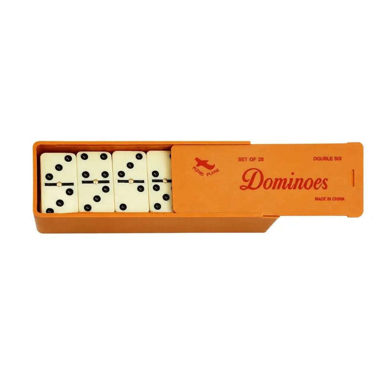 Klasikinis domino žaidimas su baltais ir juodais taškais, skirtingų dydžių plokštelės, žaidimo pradžios vaizdas.
