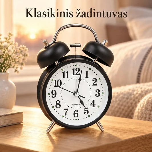 Klasikinis žadintuvas su metaliniais varpeliais TR2250, tradicinio dizaino su garsiais varpeliais ir aiškiai matomu laikrodžio ekranas