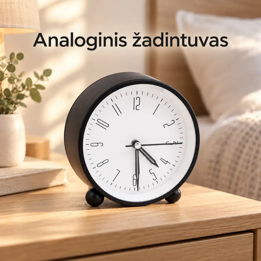 Klasikinis laikrodis su varpeliais TR2250A, sidabrinis metalinis korpusas, tradicinis dizainas, rodyklės ir skaitmenys.
