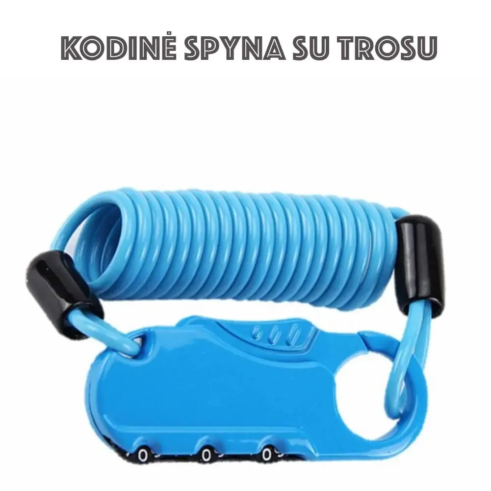 Kodinė spyna su trosu, patikima ir saugi apsaugos priemonė, skirta užrakinti daiktus ar įrangą.