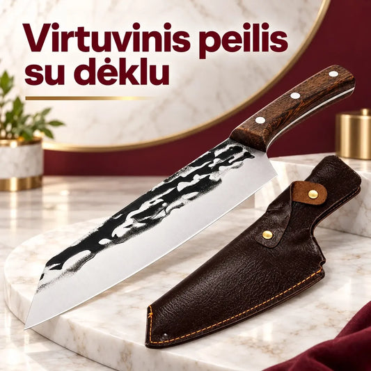 Tvirtas kapoklės tipo virtuvinis peilis su odiniu dėklu, pagamintas iš masyvaus plieno, patogus ir stilingas virtuvės įrankis.