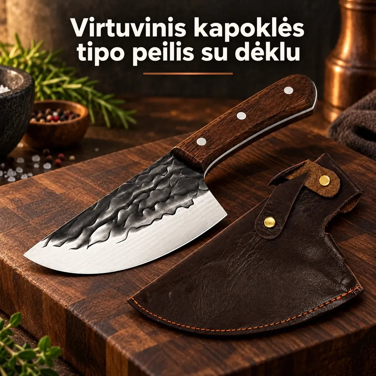 Stambus virtuvinis peilis su odiniu dėklu, aukštos kokybės, tvirtas ir patogus naudoti virtuvės reikmėms.