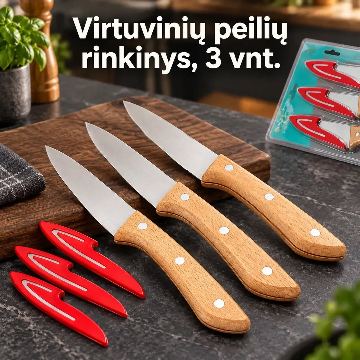 Virtuvinių peilių rinkinys su medinėmis rankenomis, 3 vnt., kokybiški peiliai maisto pjaustymui ir gaminimo reikmėms.
