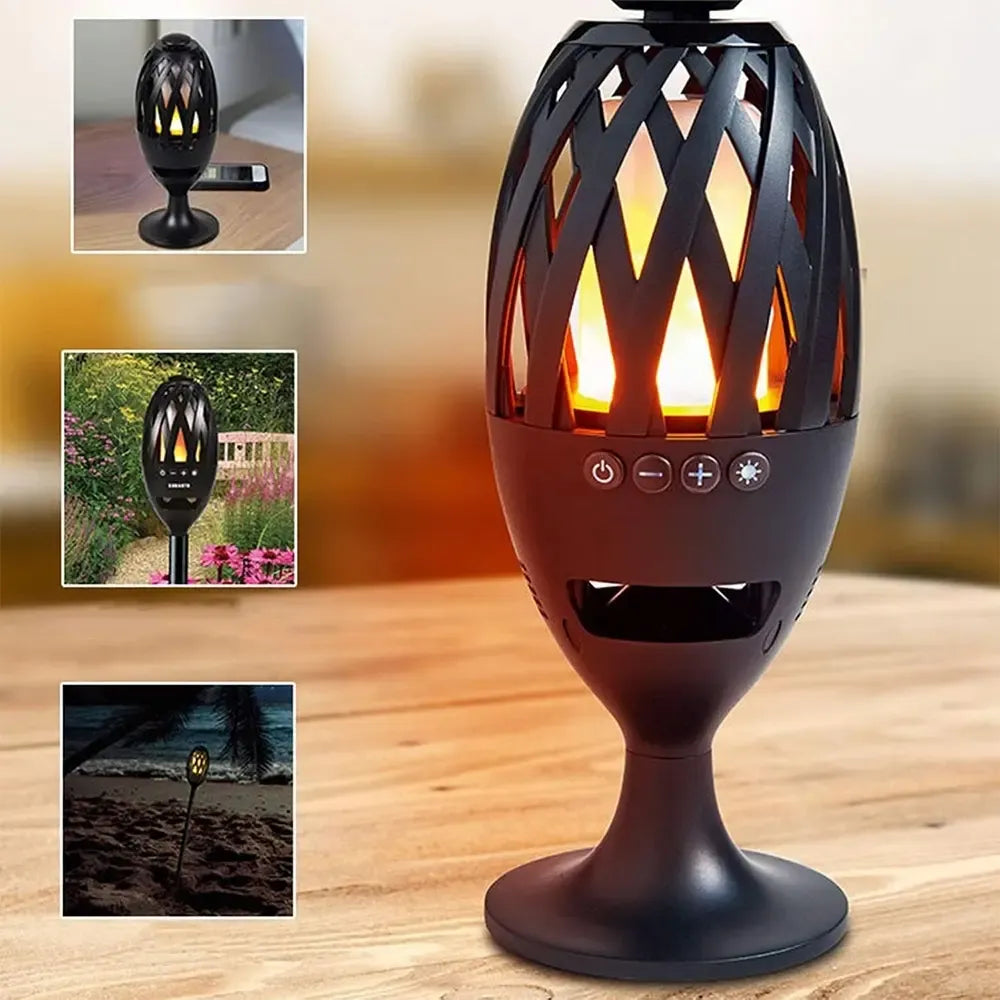 Belaidės LED kolonėlės su liepsnos imitacija, pora, naktiniams apšvietimams, lauko ar vidaus naudojimui, Wi-Fi arba Bluetooth ryšys.