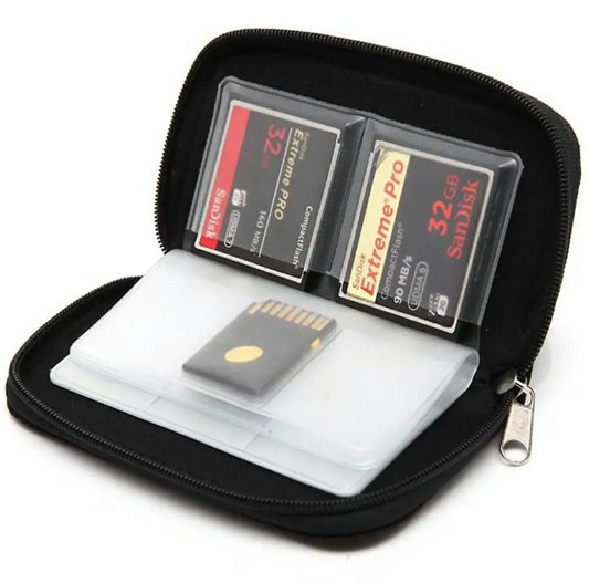 Kompaktiškas atminties kortelių dėklas su 22 skyriais, skirtas saugiai laikyti ir organizuoti SD ir microSD korteles.