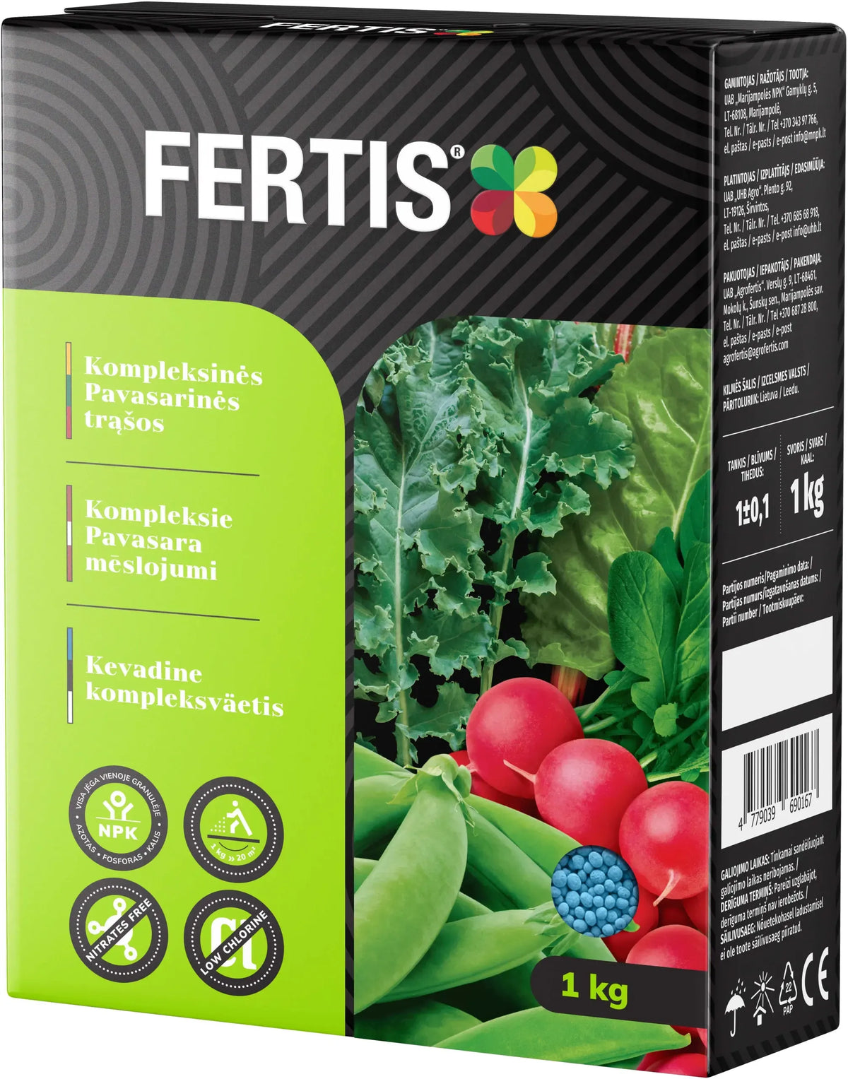 Kompleksinės pavasarinės trąšos FERTIS, 1 kg, žemės ūkio ir sodininkystės tręšimo produktas, matomas pakuotės vaizde