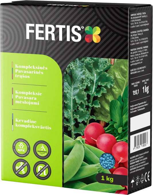 Kompleksinės pavasarinės trąšos FERTIS, 1 kg, žemės ūkio ir sodininkystės tręšimo produktas, matomas pakuotės vaizde