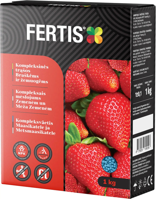 Kompleksinės trąšos braškėms ir žemuogėms FERTIS, 1 kg, tinka augalų maitinimui ir sveikam augimui.