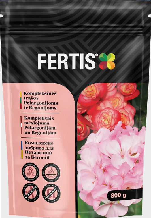 Kompleksinės trąšos pelargonijoms ir begonijoms FERTIS, 800g, augalų tręšimo priemonė su maistingomis medžiagomis.