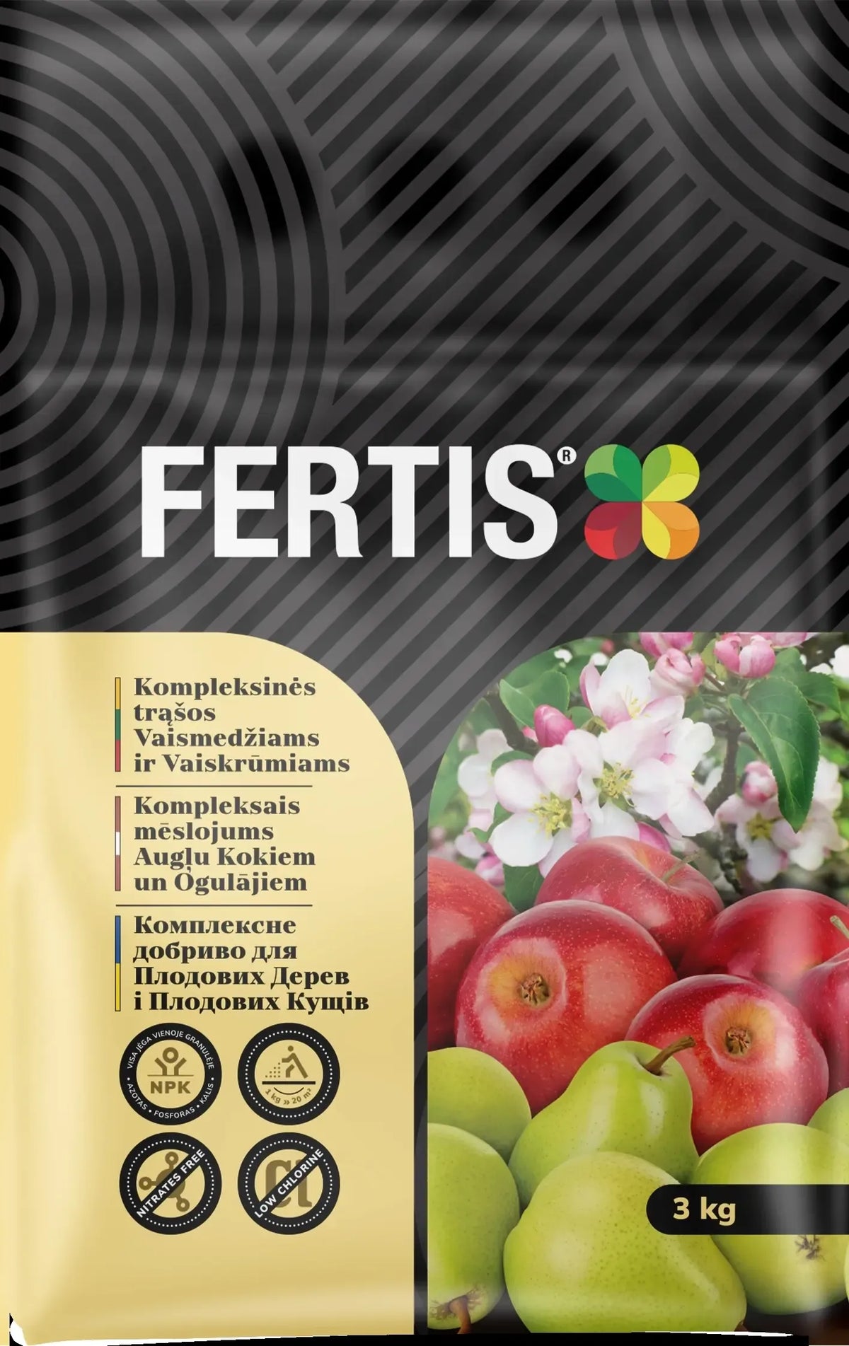 Kompleksinės trąšos vaismedžiams ir vaiskrūmiams FERTIS, 3 kg, natūralus trąšų paketas, skirtas gausiam derliui.