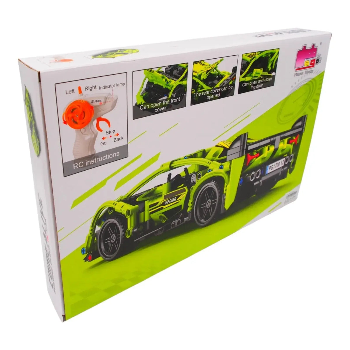 Nuotoliniu būdu valdomas sportinis RC automobilis su žaislinio konstruktoriaus detalėmis, šviesomis ir ratlankiais.