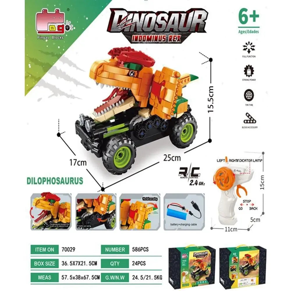 Nuotoliniu būdu valdomas Dinozauras – Dilophosaurus „Pingao Blocks“ konstruktorius, žaislas su nuotolinio valdymo funkcija ir detalus modelis.
