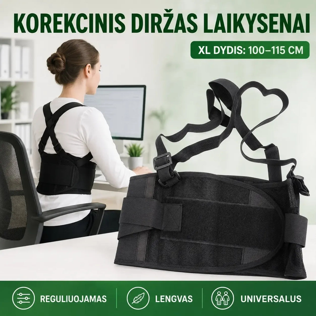 Korekcinis nugaros laikysenos diržas, reguliuojamas, tinka pagerinti laikyseną ir sumažinti nugaros skausmą.