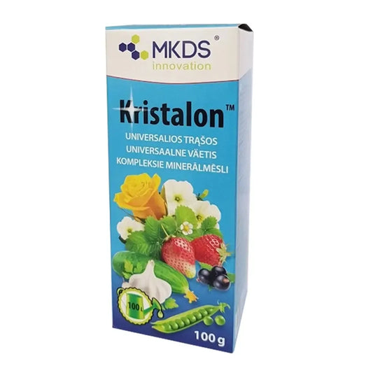 Kristalon mėlynos trąšos intensyviam augimui, 100 g, matoma pakuotė ir etiketė su produkto pavadinimu.