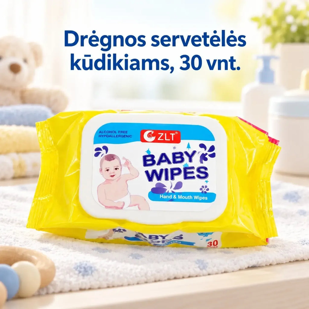 Kūdikių drėgnos servetėlės, 30 vnt., minkštos ir švelnios odai, patogios naudoti kasdien.