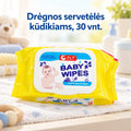 Kūdikių drėgnos servetėlės, 30 vnt., minkštos ir švelnios odai, patogios naudoti kasdien.
