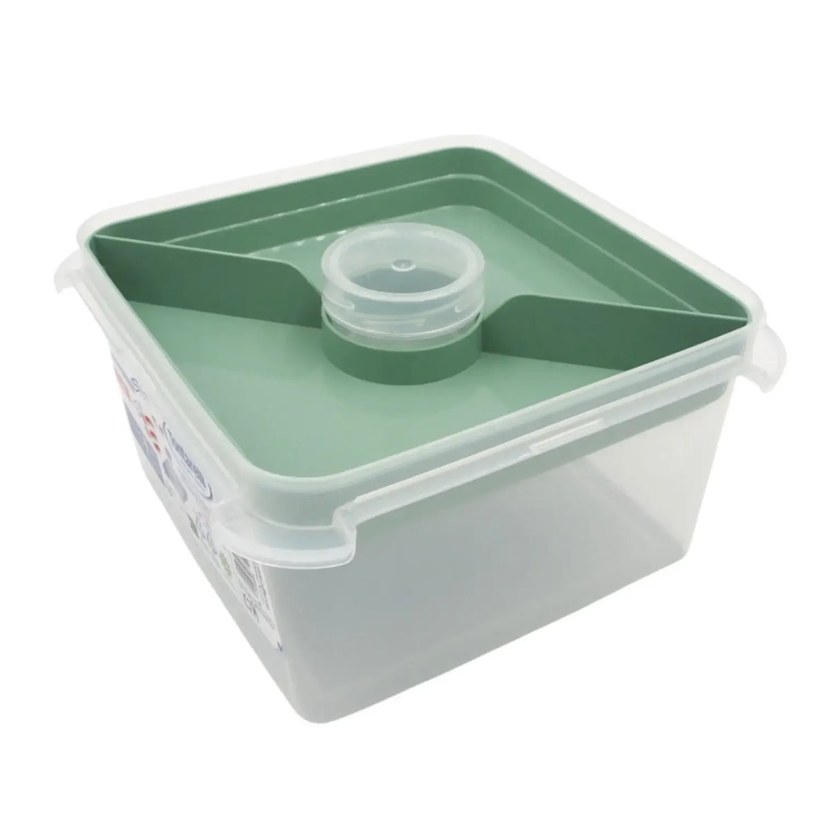 Kvadratinė maisto dėžutė su įrankiais ir vidiniu skyriumi, 2,25 l, patvari plastiko konstrukcija.