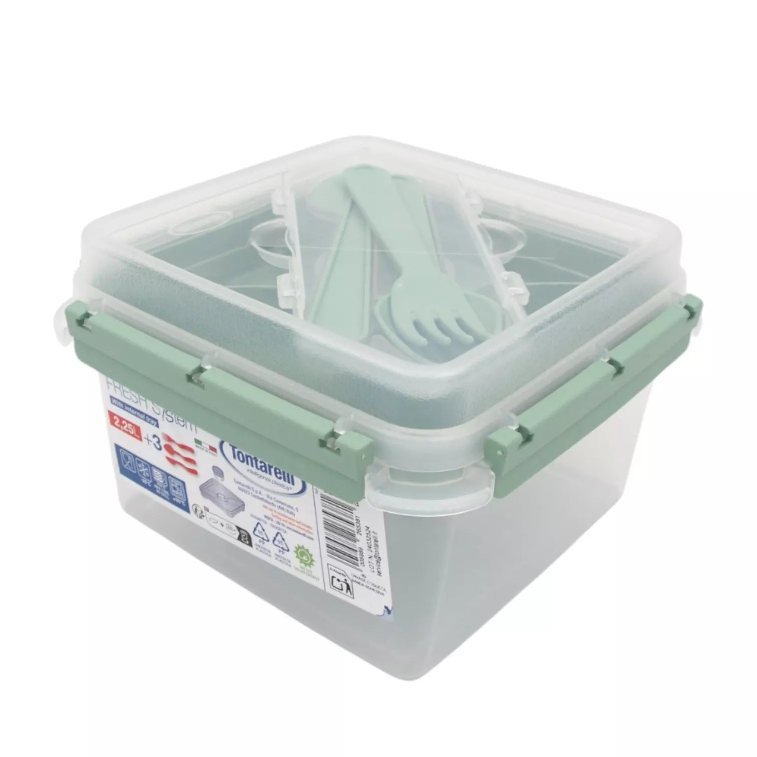Kvadratinė maisto dėžutė su įrankiais ir vidiniu skyriumi (2,25 l)
