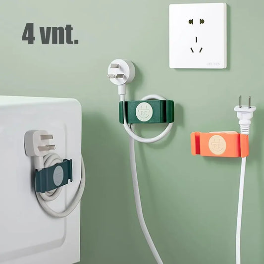 Keturi laidų laikikliai, plastikiniai ir lankstūs, tinkantys tvarkingam laidų organizavimui namuose ar biure.
