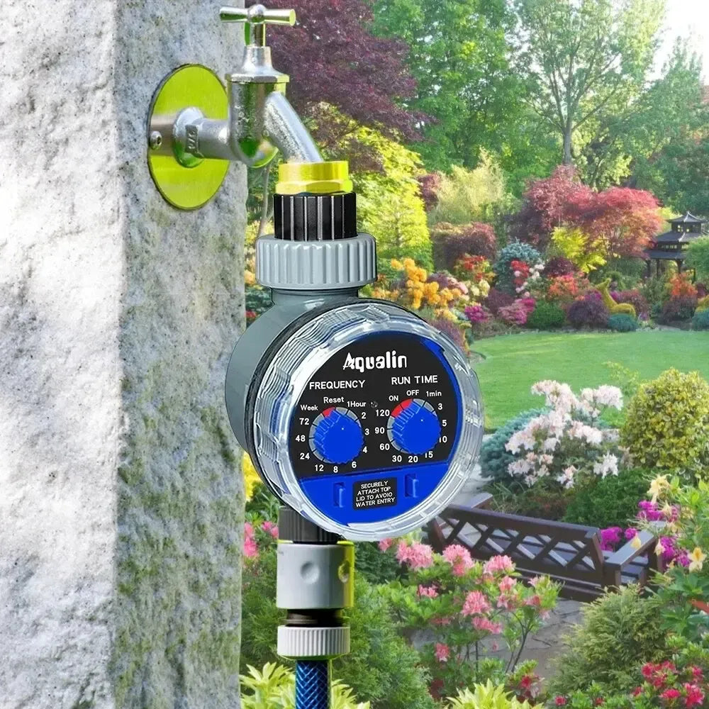 Automatinis Aqualin laistymo laikmatis su mechaniniu valdymu, naudojamas laistymui soduose ir daržuose.