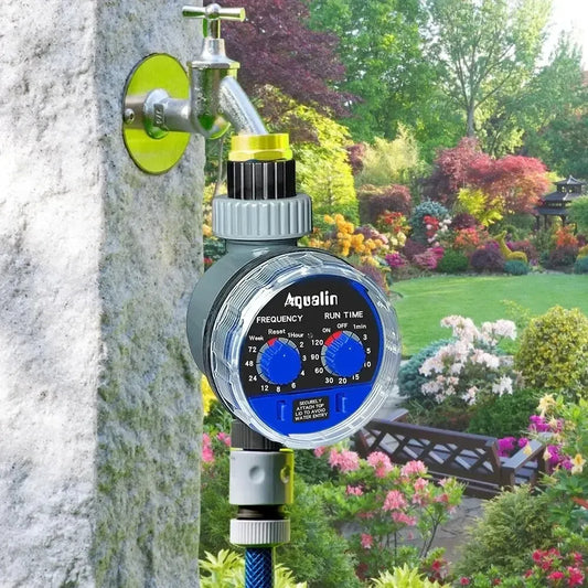 Automatinis Aqualin laistymo laikmatis su mechaniniu valdymu, naudojamas laistymui soduose ir daržuose.