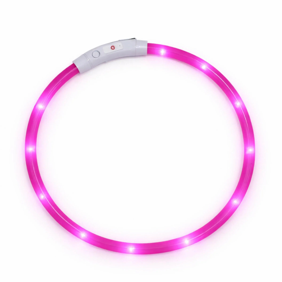 Šviečiantis LED antkaklis šunims, rožinis, 20–24 cm, matomas naktį, patogus ir saugus šuns apykaklė.