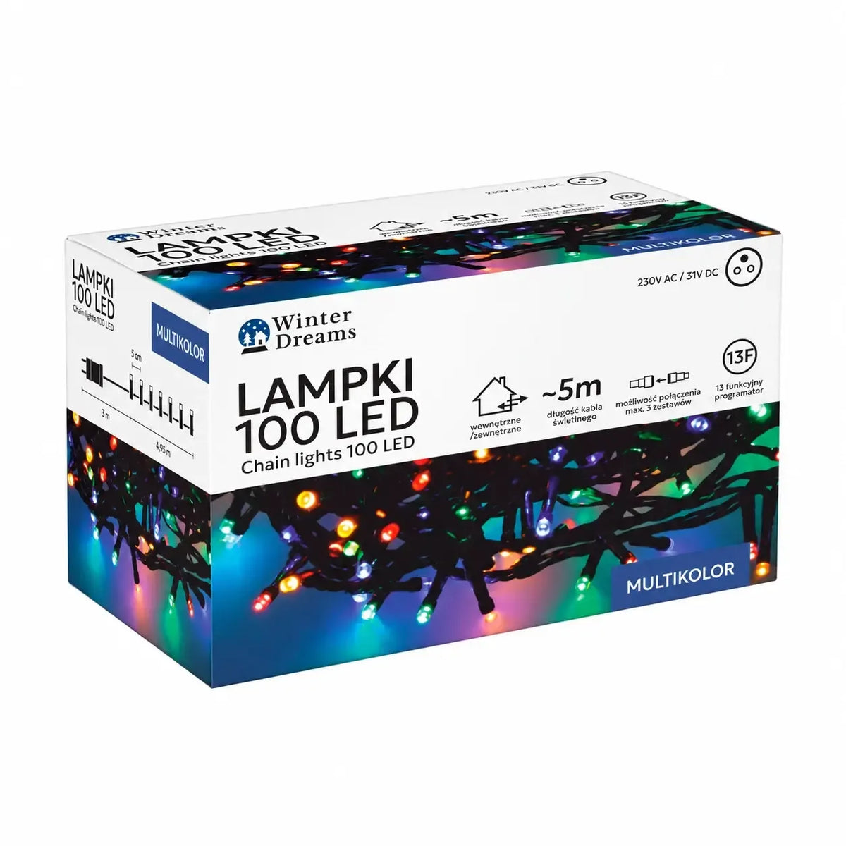Spalvota LED girlianda su 100 LED šviesomis, 8 metrų ilgio, dekoratyvi ir šviesi apšvietimo priemonė.