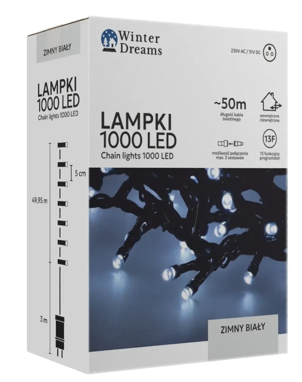 LED girlianda su 1000 šviesos diodais, 53 m ilgio, šaltai balta šviesa, puikiai apšviečia namų ar lauko erdves.