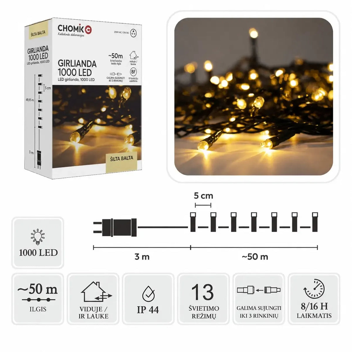 Šiltai balta LED girlianda su 1000 LED, 53 m ilgio, dekoratyviniam apšvietimui namuose ar lauke.