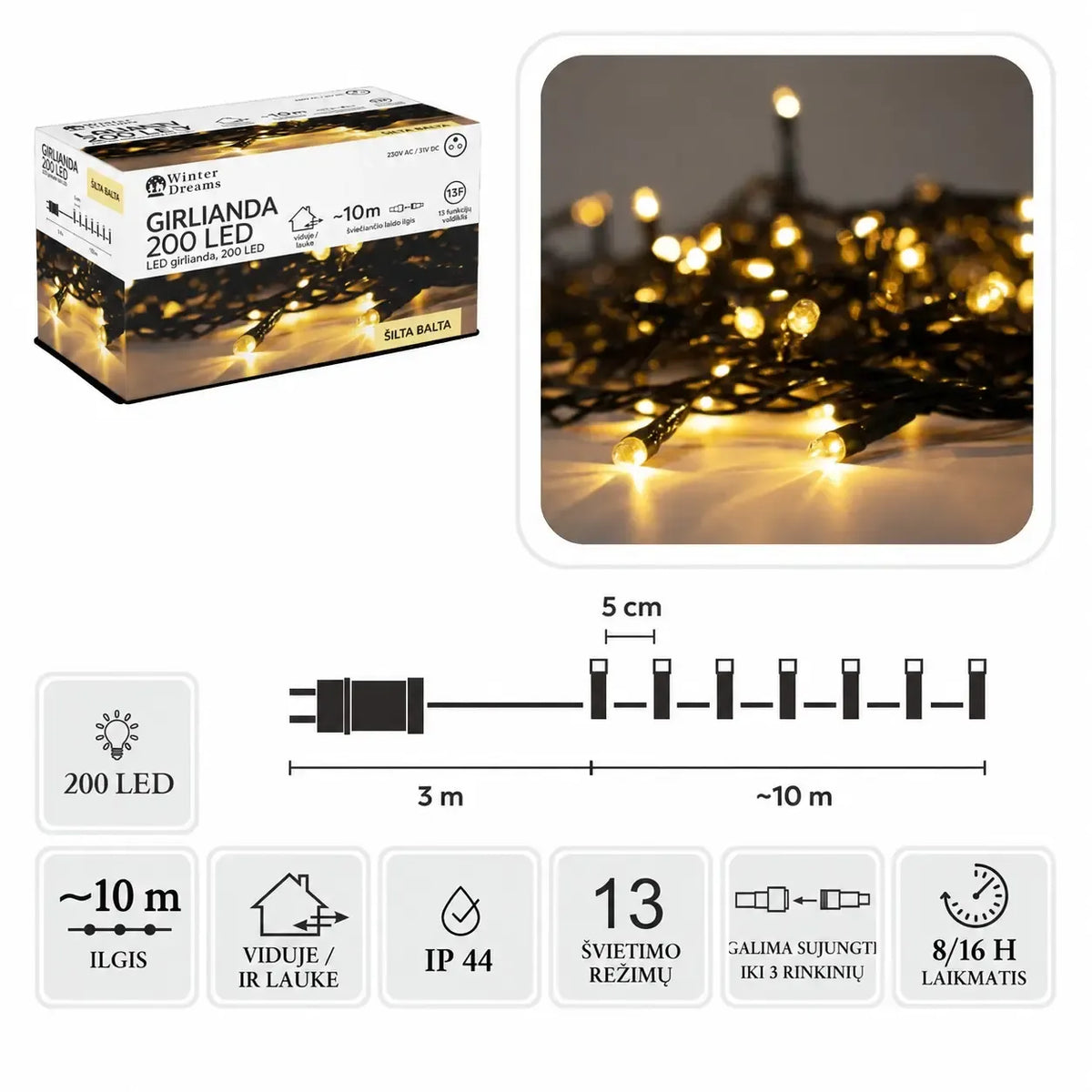 Šilta balta LED girlianda su 200 LED ilgio 13 m, dekoratyvinė apšvietimo girlianda namams ar renginiams