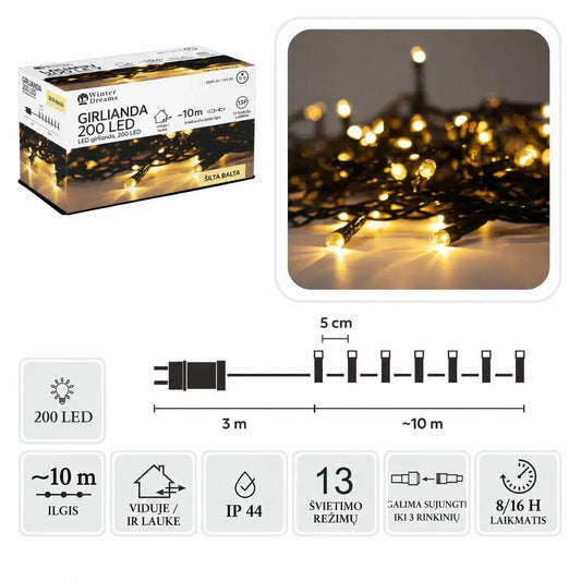 Šilta balta LED girlianda su 200 LED ilgio 13 m, dekoratyvinė apšvietimo girlianda namams ar renginiams