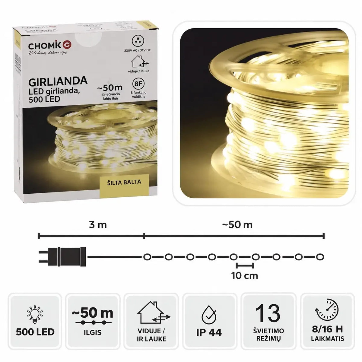Šilta balta LED girlianda ant ritės, 500 LED, 53 m ilgio dekoratyviniam apšvietimui, skirtas interjerui ir išoriniams plotams.