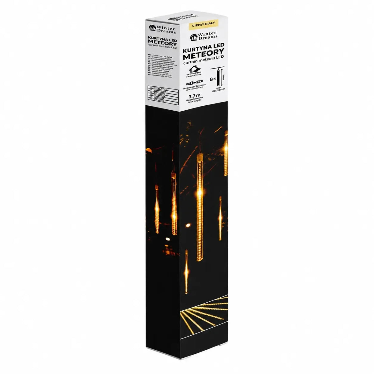 LED girlianda „Meteorai“, 8 × 50 cm, 288 LED, šiltai balta, kabantys šviesos vamzdeliai