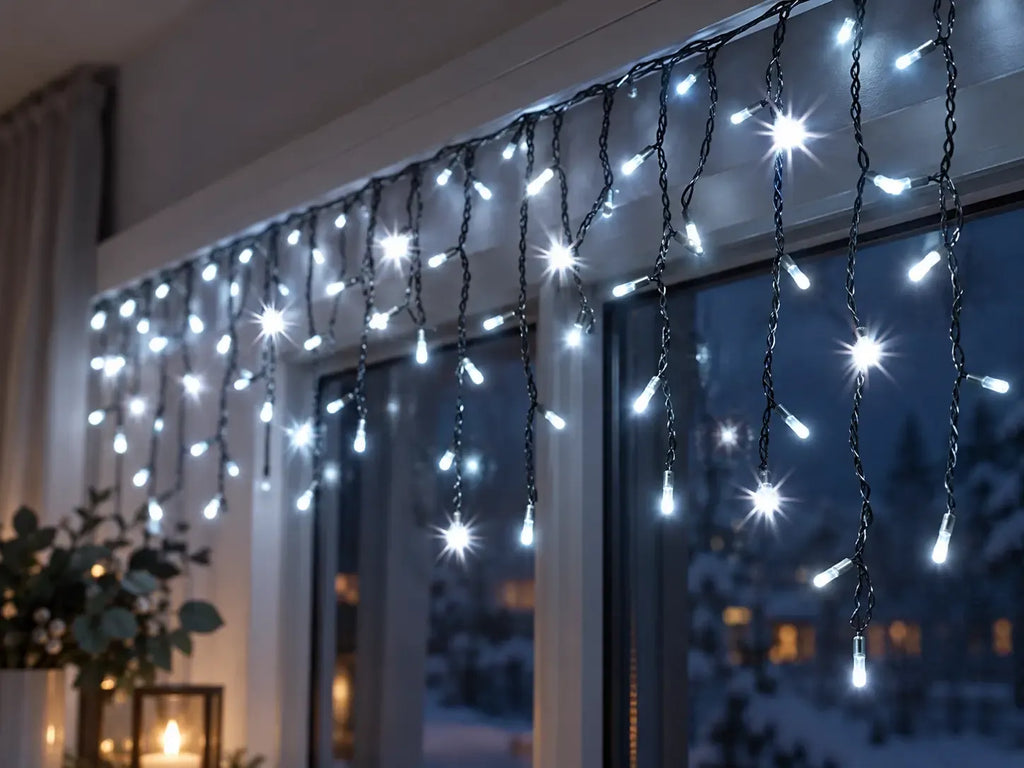 LED girlianda „Varvekliai“, 300 LED, 12 m, šaltai balta su blyksinčiomis lemputėmis