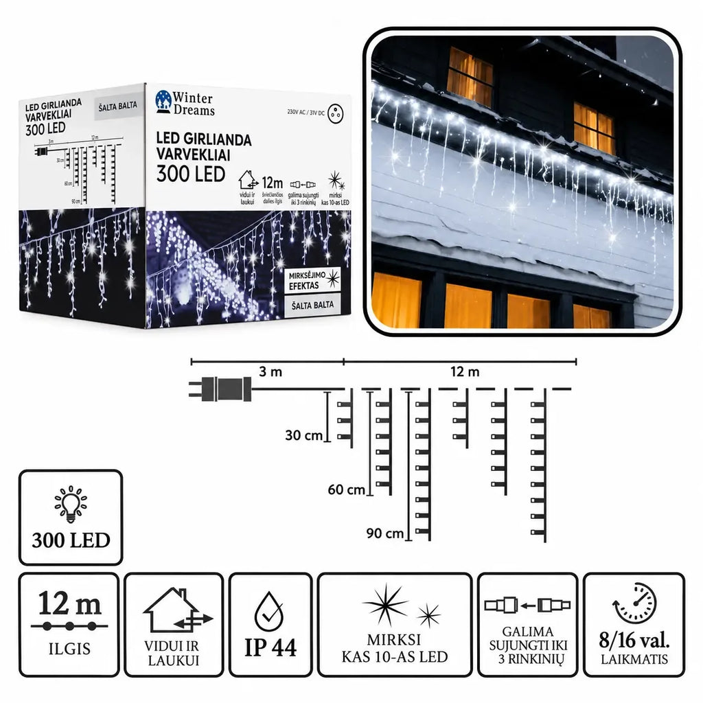 LED girlianda „Varvekliai“ su 300 LED, 12 m ilgio, šaltai balta ir su blyksniais