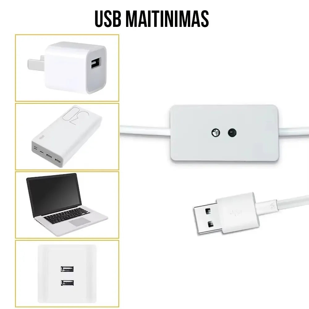 3 metrų LED juostelė su judesio davikliu ir USB jungtimi, šviesi ir lanksti apšvietimo priemonė.