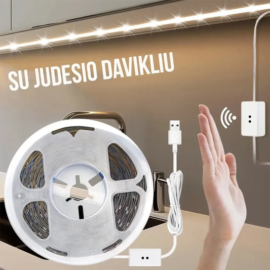 3 m ilgio LED juostelė su judesio davikliu, USB jungtis, šviesi ir energiją taupanti apšvietimo priemonė.