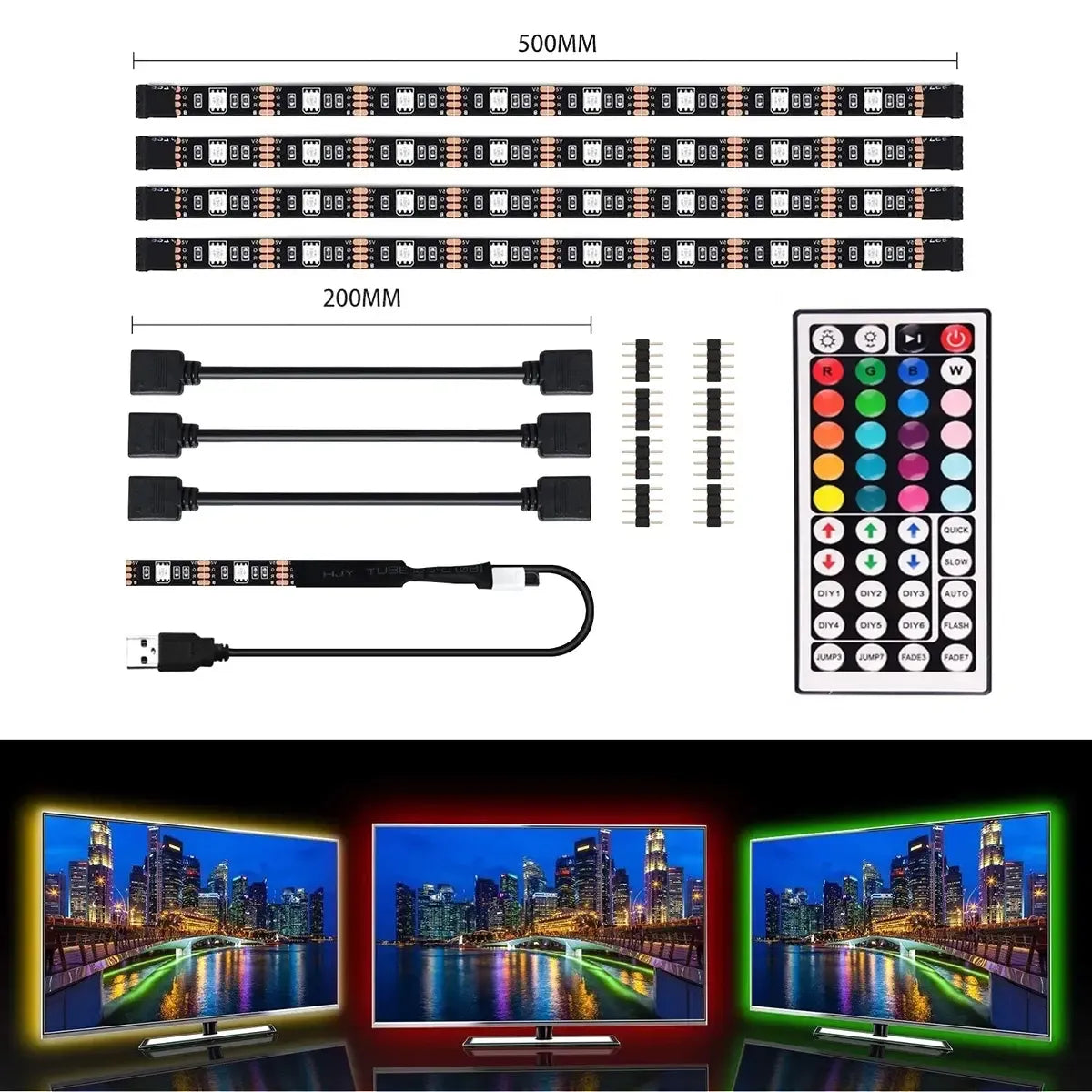 RGB LED juostų rinkinys televizoriaus apšvietimui, spalvinga ir lanksti LED juosta su valdymo pultu.