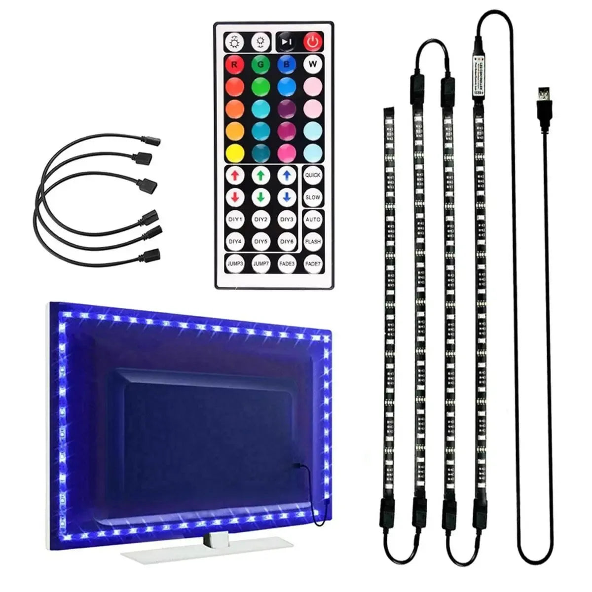 RGB LED juostų rinkinys televizoriaus apšvietimui, spalvų keitimo funkcija, apima LED juostas ir valdiklį, matoma apšvietimo detalė.