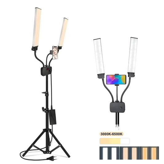 Dvigubos LED panelinės lempos HD-45X su trikoju studijiniam apšvietimui, šviesos reguliavimas ir stabilus stovėjimas.