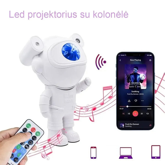 LED projektorius su kolonėle „Astronautas“ rodo šviesų ir muzikos šou, skirtas vaikų kambariui ar vakarėliams.