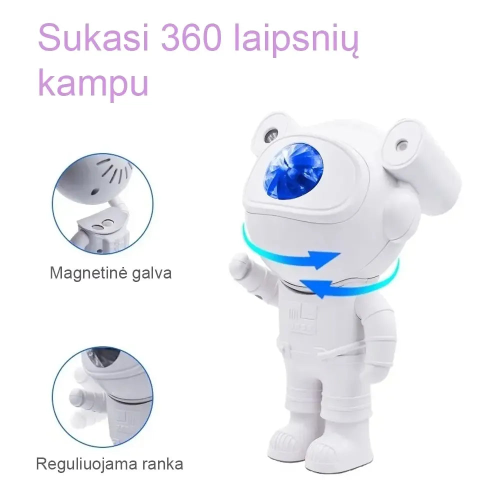 LED projektorius su kolonėle, astronauto motyvu, skleidžia šviesos efektus ir garsą, puikus vaikų kambario apšvietimui.